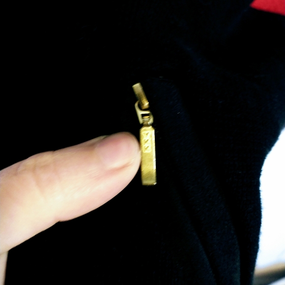 Red and black color blocked cardigan, heavy weight with black trim detail. Gold - Picture 3 of 5